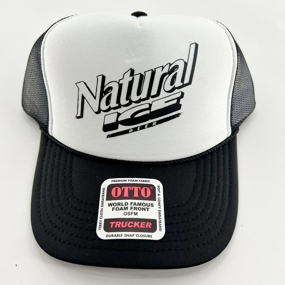 Otto Natural Ice Beer Trucker Hat Black White Foam Mesh Snapback Cap 39-165 OSFM